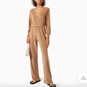 Suzie Kondi brown “camel” velour soft stretch V- neck jumpsuit